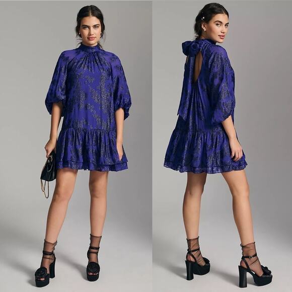 Monique Lhuillier Azurite Long-Sleeve Tie-Back Short Dress Size 4 NWT - Picture 1 of 10